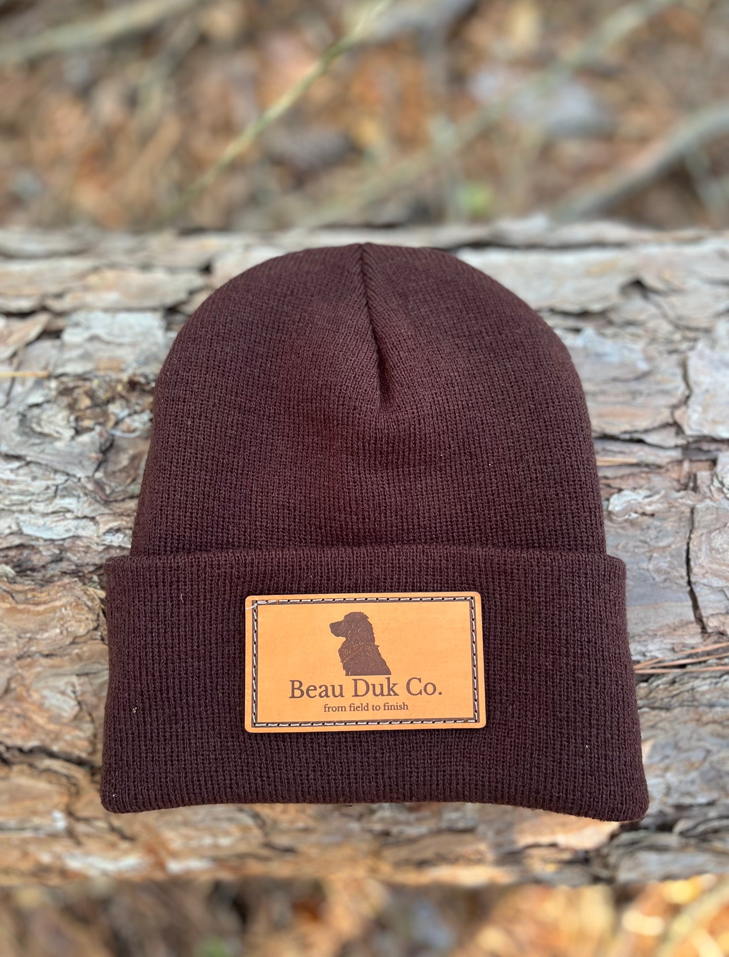 Leather patch brown beanie