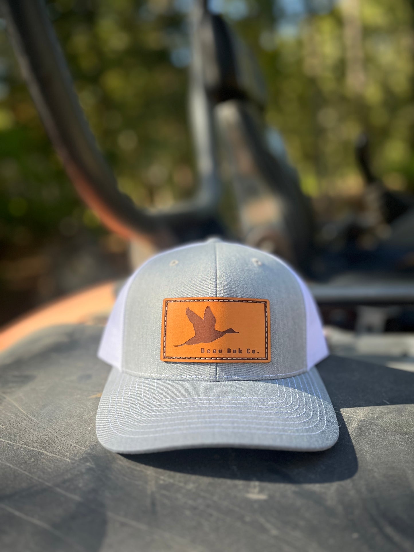 Grey pintail leather patch hat